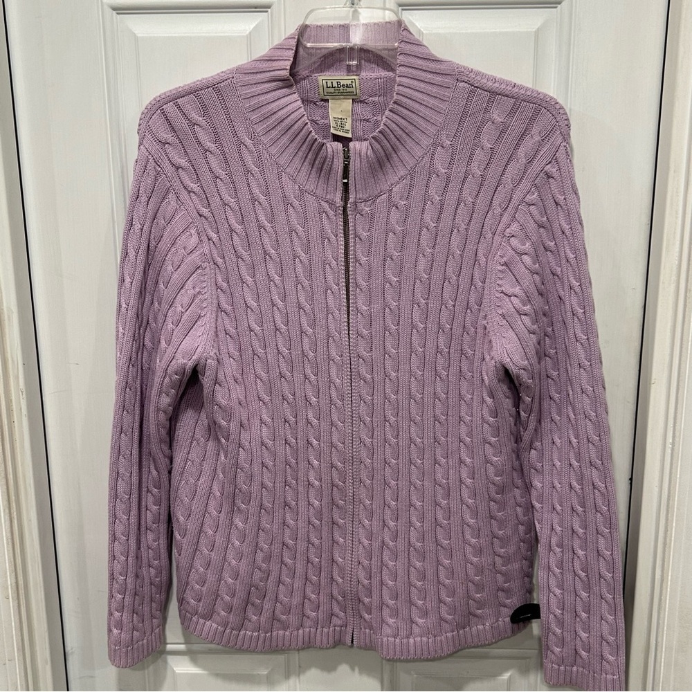 LL Bean Women’s Cable Knit Sweater, Lavender, Full Zip, size XL, 100% Cotton